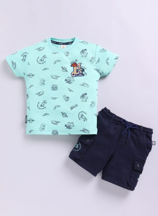 KF 2490 GREEN ALL OVER PRINT TSHIRT WITH COTTON CARGO PANT