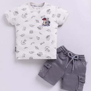 KF 2490 CREAM ALL OVER PRINT TSHIRT WITH COTTON PANT